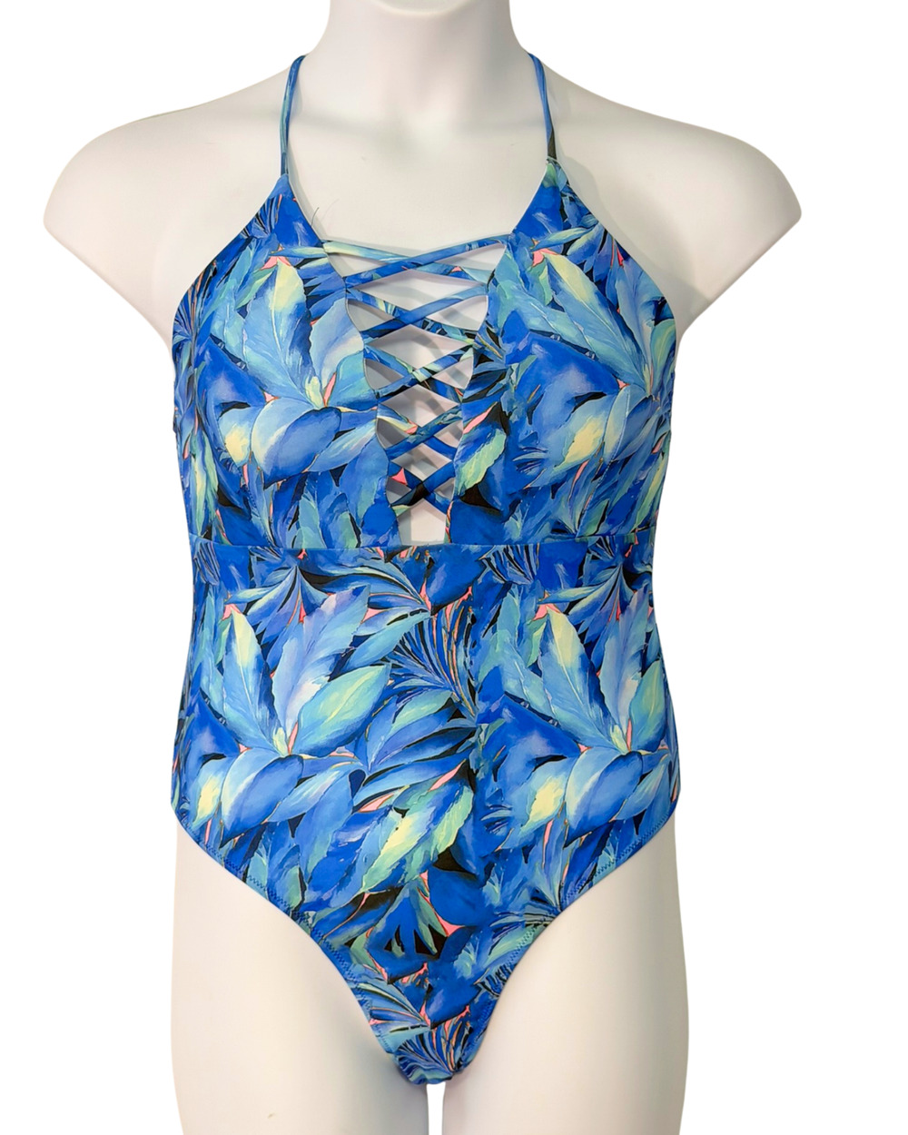 Marinavida Sz M Swimsuit Plunge V-Neck w/Lined Bra Lace-Up Detail Blue Tropical